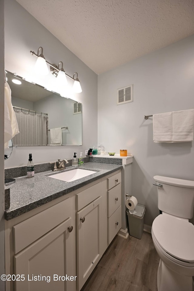 bathroom featuring vanity, wood-type flooring, toilet, and a textured ceiling