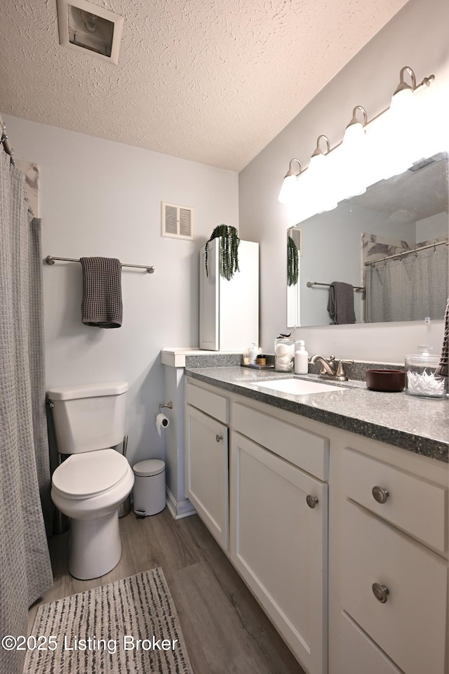 bathroom with vanity, wood-type flooring, toilet, and a textured ceiling