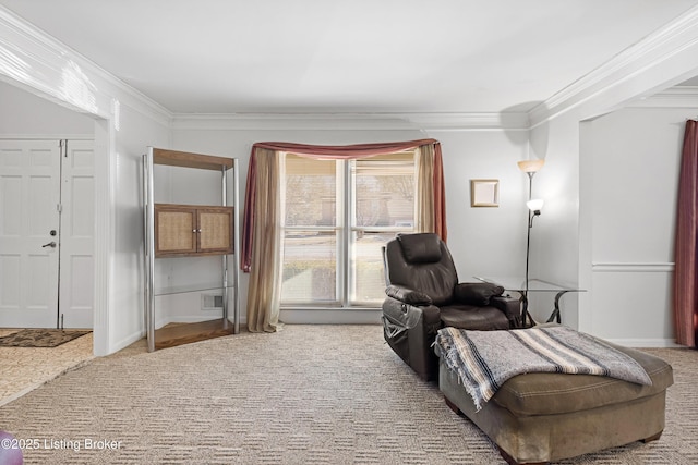 living area featuring crown molding and light colored carpet