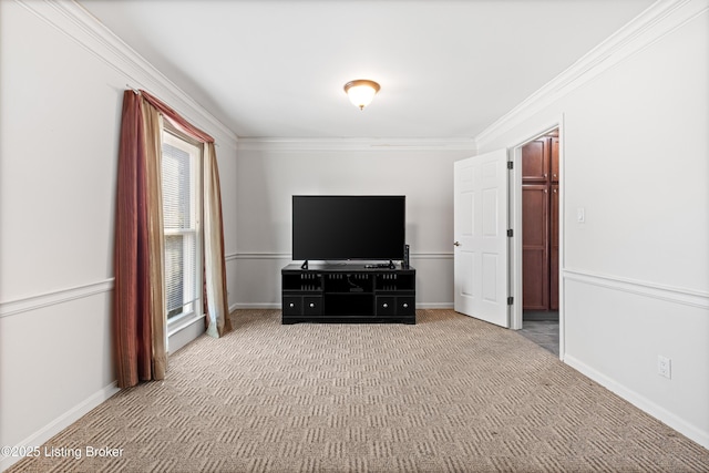 living room featuring light carpet and ornamental molding