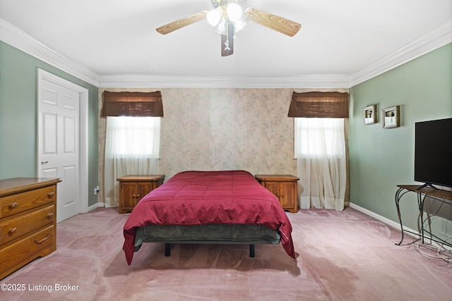 carpeted bedroom with multiple windows, ornamental molding, and ceiling fan