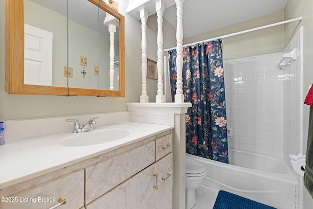 full bathroom with shower / tub combo with curtain, vanity, toilet, and tile patterned flooring