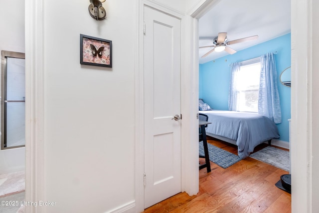 bedroom with light hardwood / wood-style flooring and ceiling fan