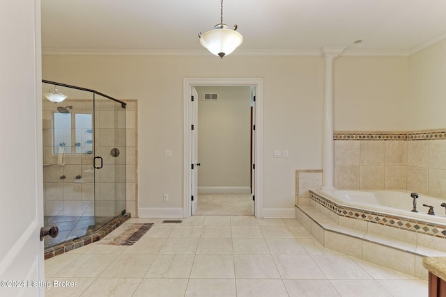 bathroom with tile patterned flooring, ornamental molding, and independent shower and bath