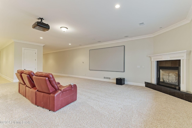 carpeted cinema room featuring crown molding and a fireplace