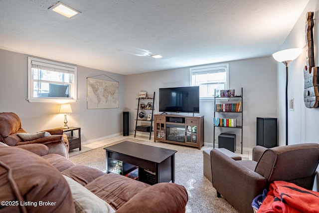 living room featuring a textured ceiling