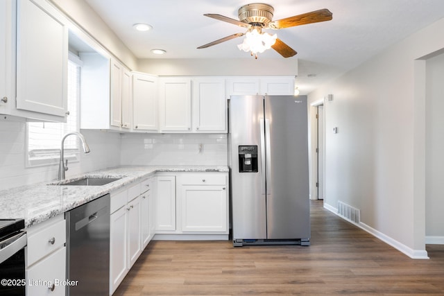 kitchen featuring white cabinetry, sink, decorative backsplash, light stone counters, and stainless steel appliances