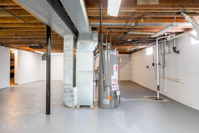 basement with heating unit and water heater