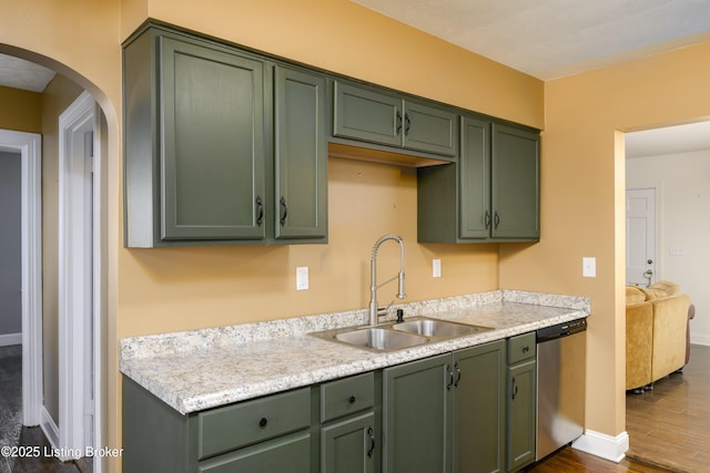 kitchen featuring dark hardwood / wood-style flooring, sink, dishwasher, and green cabinetry