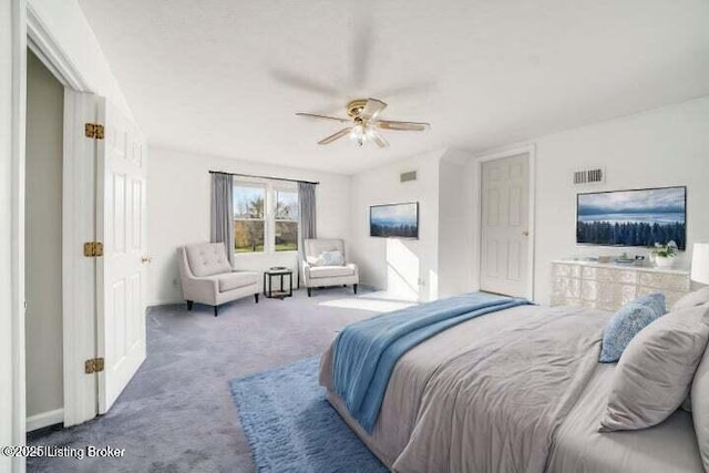 carpeted bedroom featuring ceiling fan