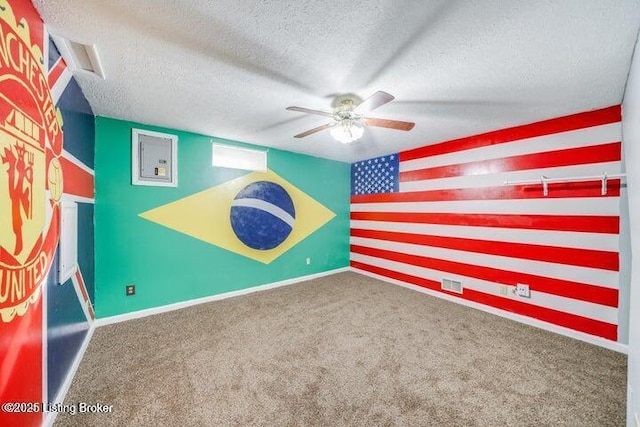 interior space featuring ceiling fan, a textured ceiling, and carpet flooring