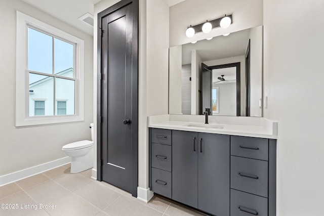 bathroom with vanity, toilet, and tile patterned flooring