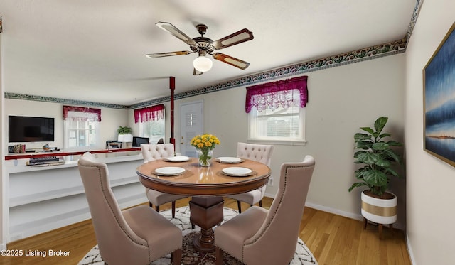 dining room with ceiling fan and light hardwood / wood-style flooring