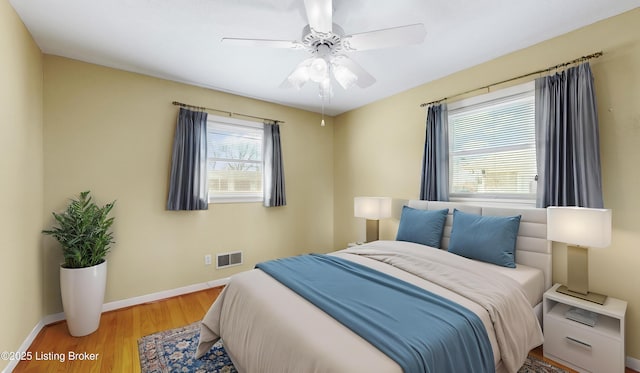 bedroom with ceiling fan and light hardwood / wood-style floors