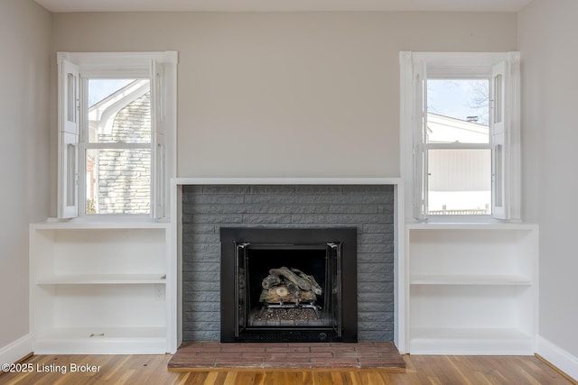 details featuring a fireplace, built in features, and wood-type flooring