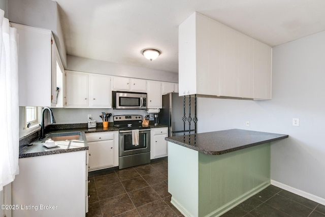 kitchen with sink, stainless steel appliances, kitchen peninsula, and white cabinets