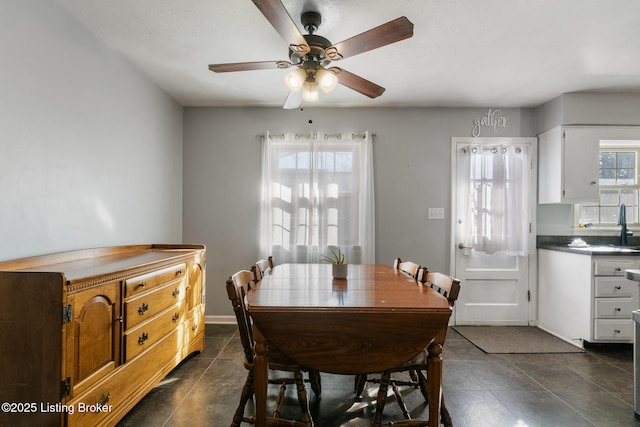 dining area featuring sink and ceiling fan