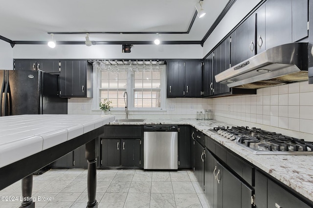 kitchen featuring tasteful backsplash, sink, rail lighting, and appliances with stainless steel finishes