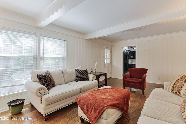 living room featuring crown molding, beam ceiling, and dark hardwood / wood-style floors