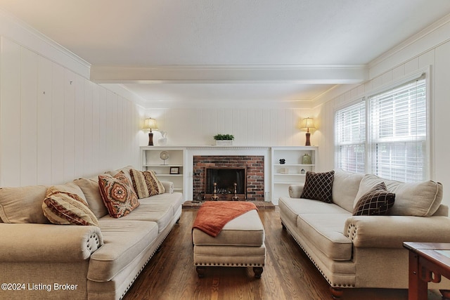 living room with dark wood-type flooring, a fireplace, beam ceiling, and wooden walls