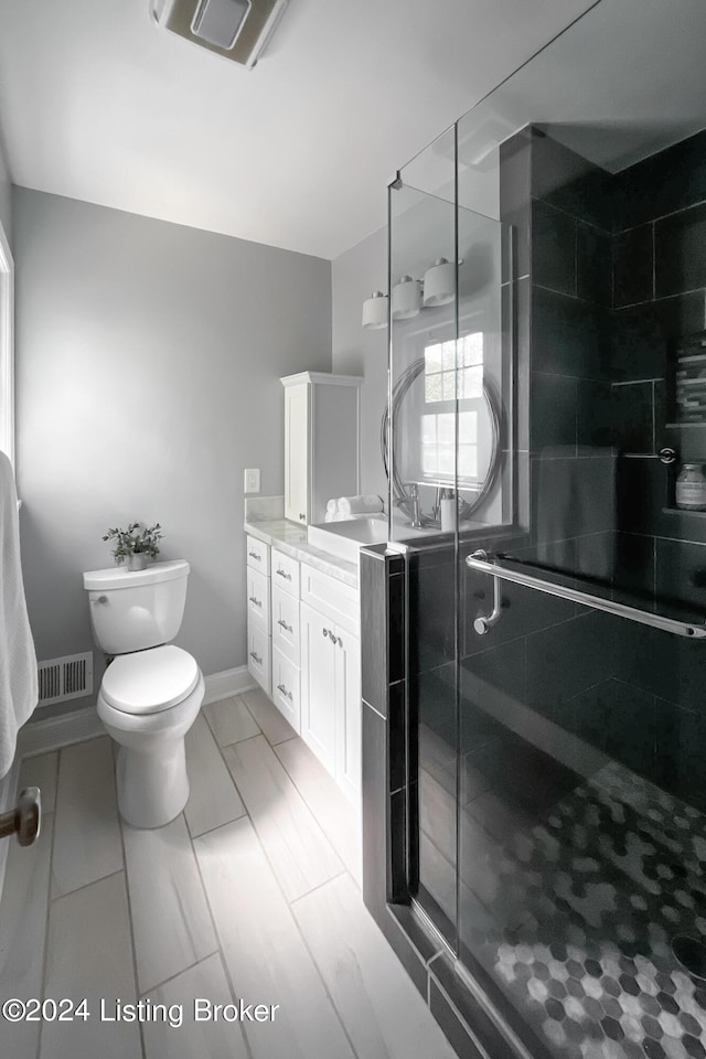 bathroom with vanity, toilet, and an enclosed shower