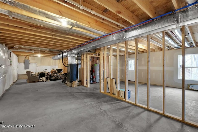 basement with electric panel and electric water heater