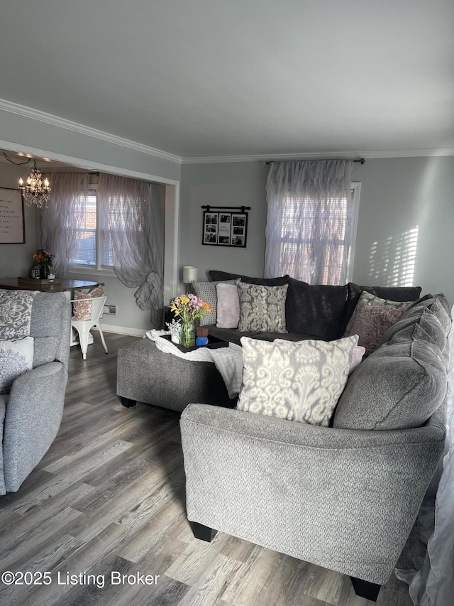 living room with an inviting chandelier, wood-type flooring, and ornamental molding