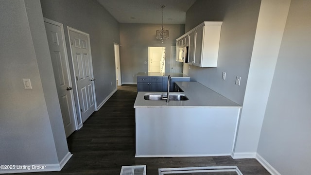 kitchen featuring hanging light fixtures, sink, white cabinets, and dark hardwood / wood-style flooring