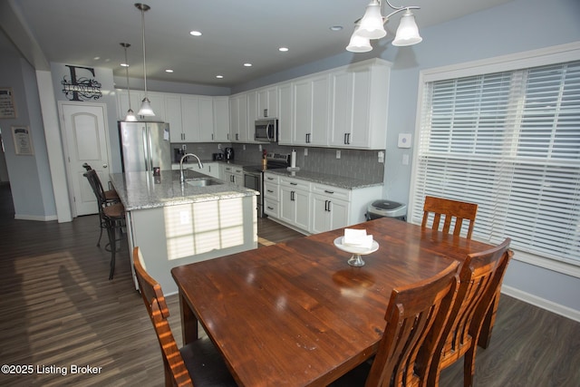 dining space featuring sink and dark wood-type flooring