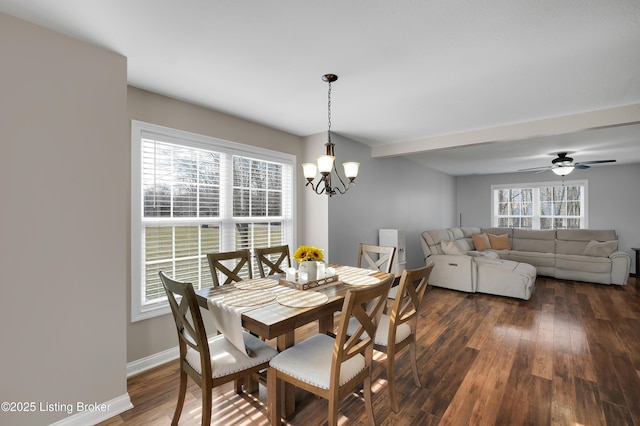 dining room featuring dark hardwood / wood-style floors and ceiling fan with notable chandelier