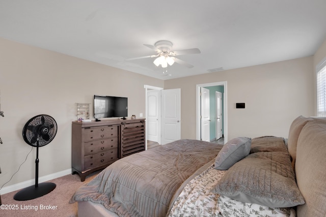 bedroom with light colored carpet and ceiling fan