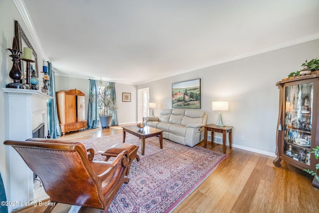 living room with crown molding and light hardwood / wood-style flooring