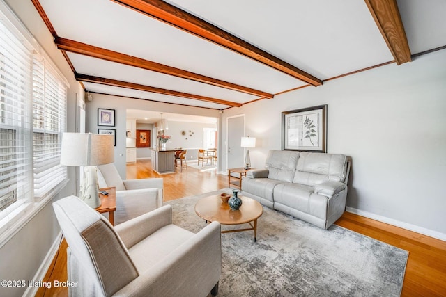 living room with wood-type flooring and beam ceiling