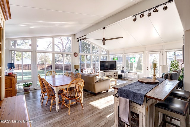 dining space featuring lofted ceiling with beams, wood-type flooring, expansive windows, and ceiling fan