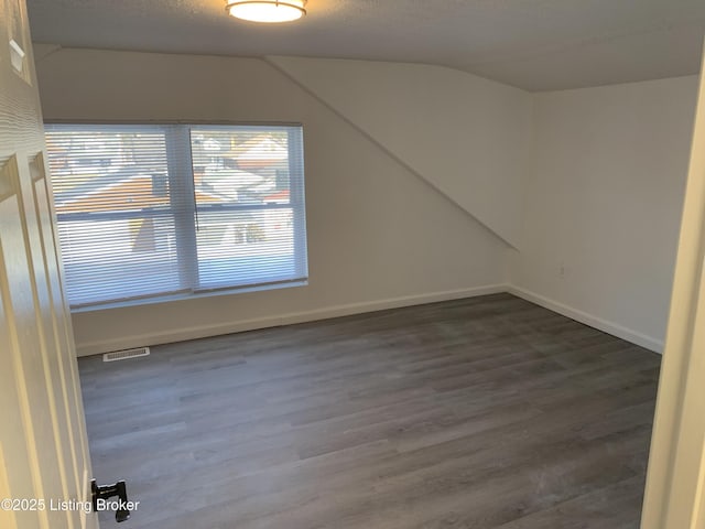 additional living space featuring dark wood-type flooring, lofted ceiling, and a textured ceiling