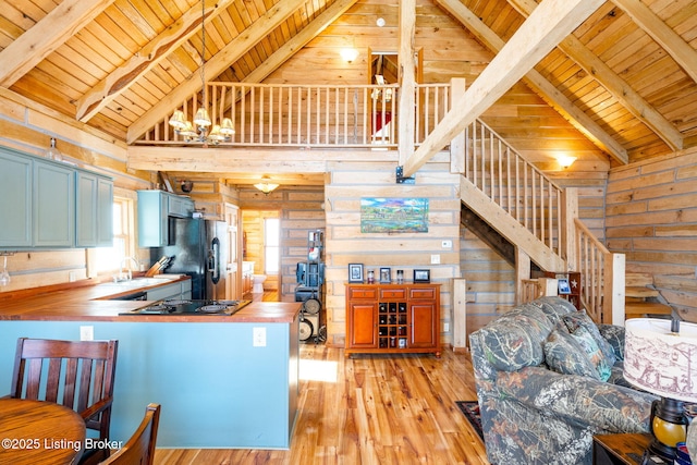 kitchen with wood ceiling, wooden counters, wooden walls, kitchen peninsula, and black appliances