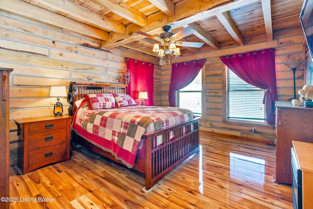 bedroom featuring beamed ceiling, hardwood / wood-style floors, wooden ceiling, and wood walls