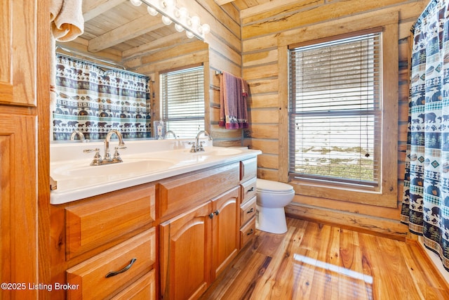 bathroom with wood walls, wood-type flooring, vanity, wood ceiling, and toilet