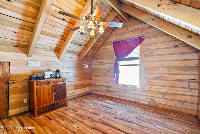 additional living space with wood ceiling, wooden walls, lofted ceiling with beams, and light wood-type flooring