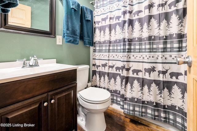 bathroom with vanity, hardwood / wood-style flooring, and toilet