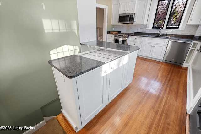 kitchen featuring stainless steel appliances, sink, white cabinets, and backsplash