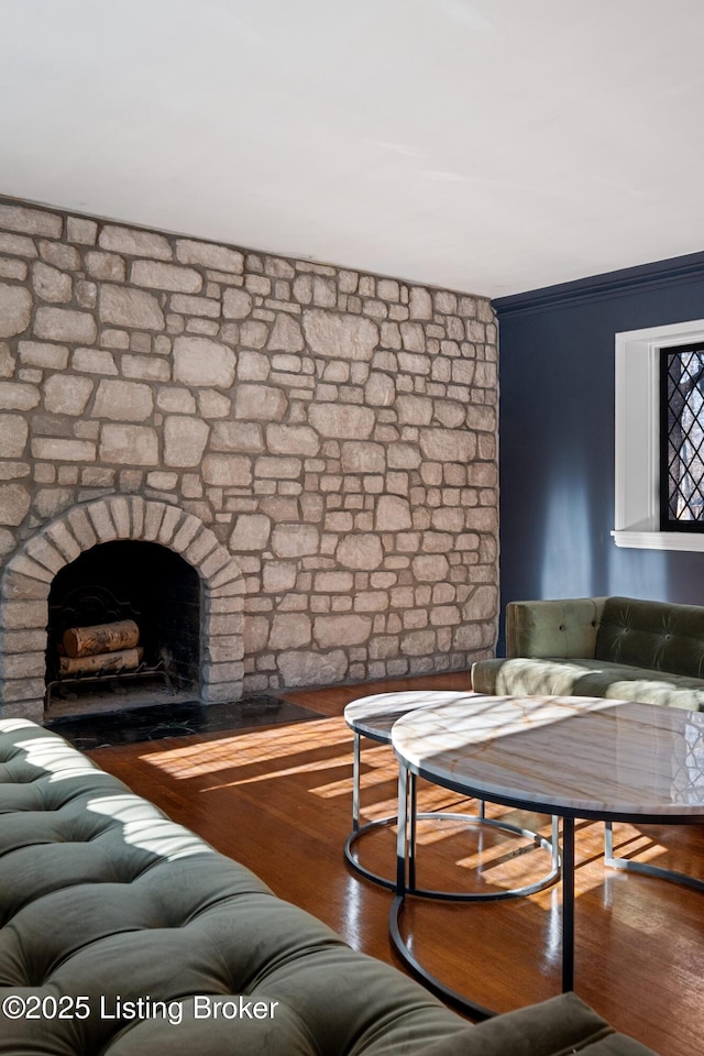 living room with a fireplace and hardwood / wood-style floors