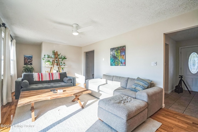 living room featuring wood-type flooring, a textured ceiling, and plenty of natural light