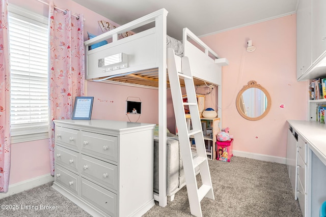 carpeted bedroom with crown molding