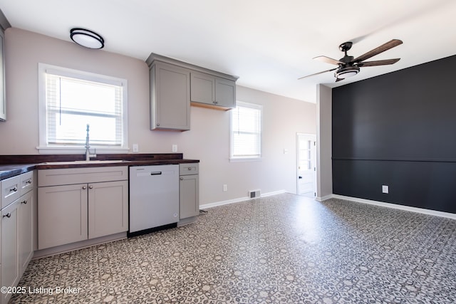 kitchen featuring ceiling fan, dishwasher, sink, and gray cabinetry