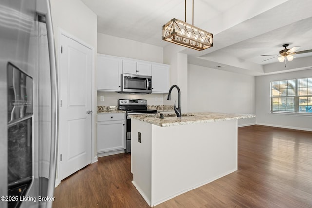 kitchen featuring stainless steel appliances, a sink, open floor plan, dark wood-style floors, and a raised ceiling