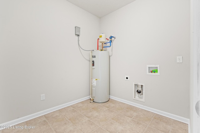 laundry room featuring hookup for a washing machine, electric water heater, laundry area, baseboards, and electric dryer hookup