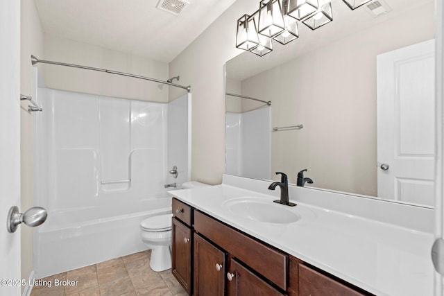 bathroom featuring toilet, visible vents, shower / washtub combination, and vanity