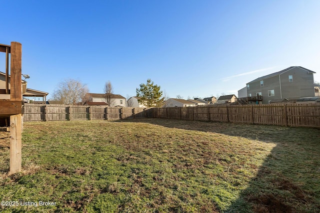 view of yard with a fenced backyard and a residential view