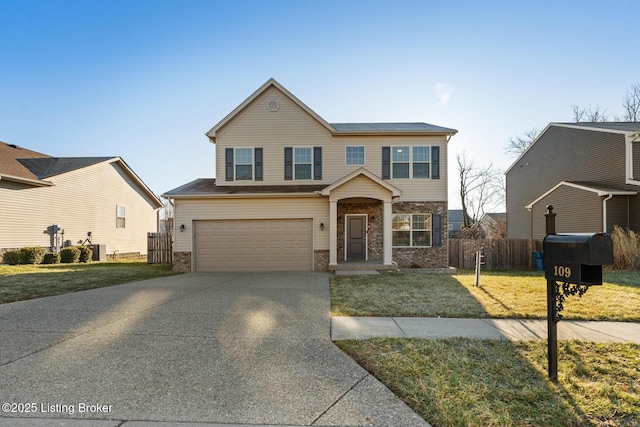 traditional-style house featuring concrete driveway, brick siding, fence, and an attached garage